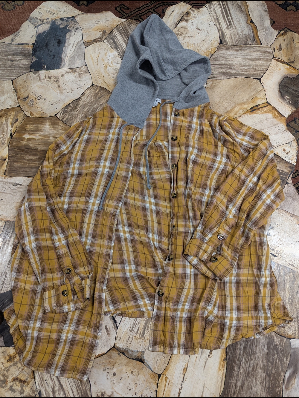 Women's Yellow Plaid Hooded Button-Up Shirt